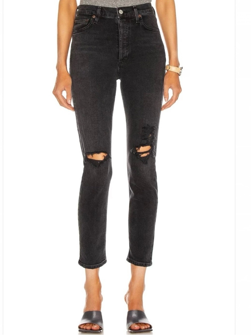AGOLDE Nico Skinny Jeans Size 23 Black Denim Distressed Button Fly